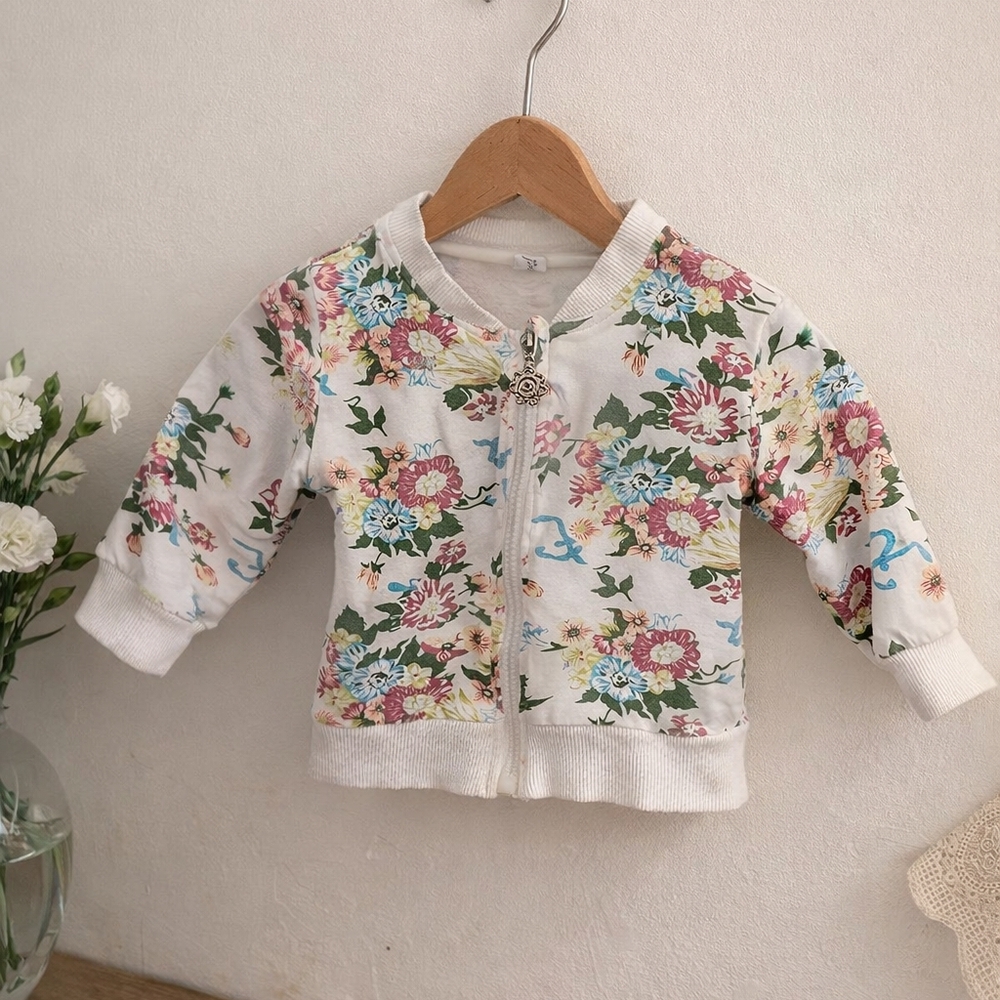 Kids Floral Zip-Up Hoodie - White Multicolor